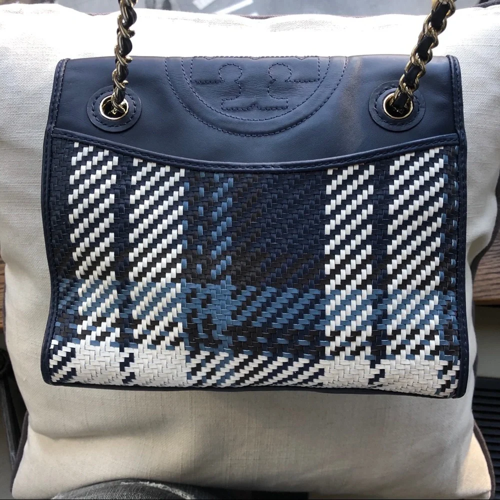 Tory Burch Navy Blue and White Woven Crossbody Bag